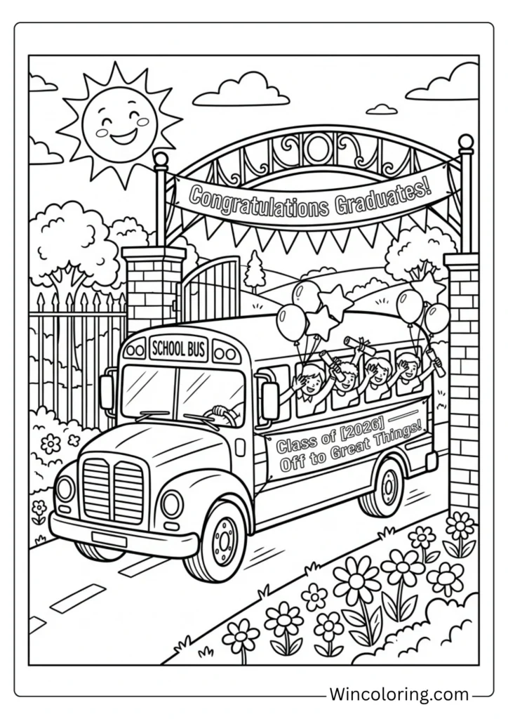 School bus driving into summer - graduation send-off