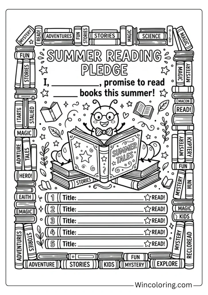 Summer reading pledge — bookworm coloring page