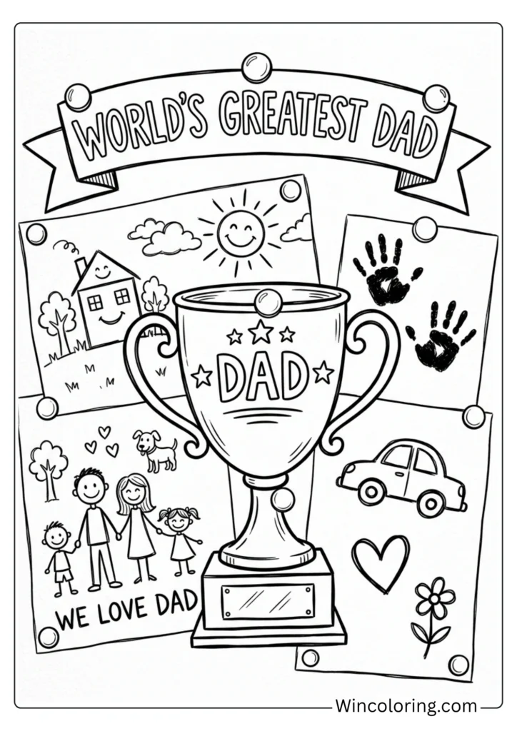 Trophy surrounded by kid drawings and handprints