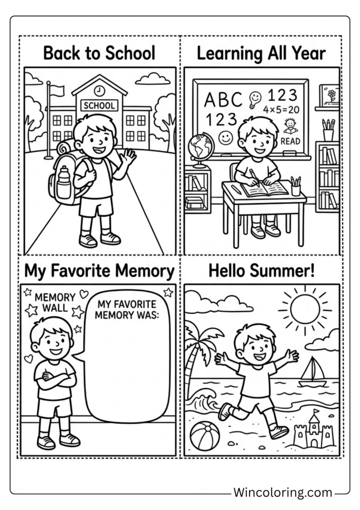 Year-in-review accordion fold — 4-panel comic strip