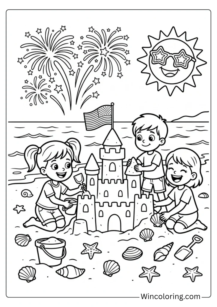 4th of July American Flag Sand Castle Coloring Page – Beach Printable for Kids