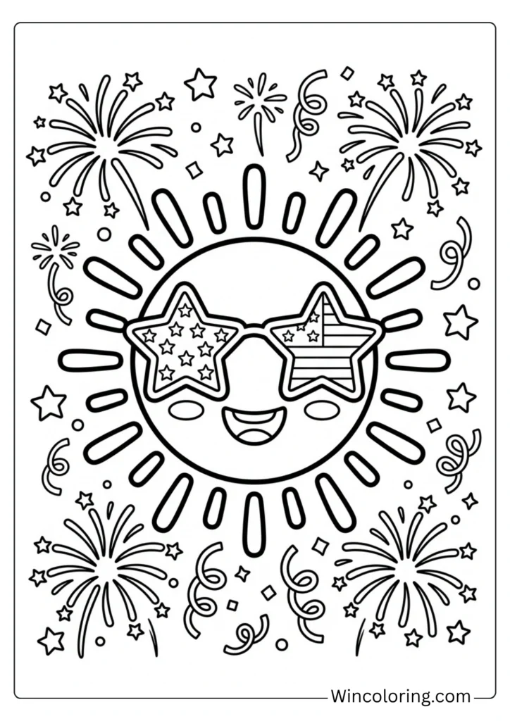 4th of July Cartoon Sun Wearing American Flag Sunglasses – Kids Coloring Page