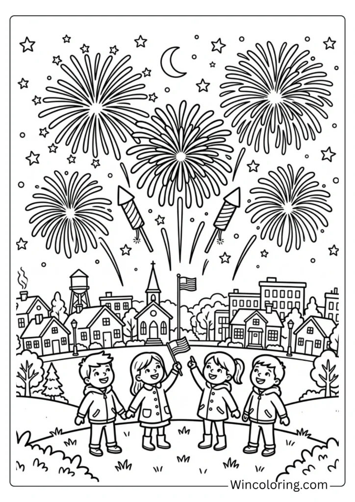 4th of July Fireworks Coloring Page for Kids – Free Printable