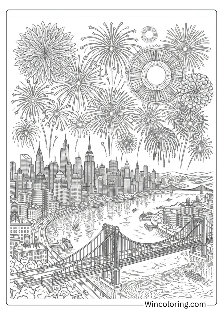 4th of July coloring page adult fireworks over city skyline