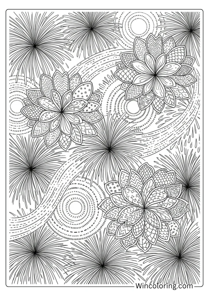 4th of July fireworks intricate pattern adult coloring page