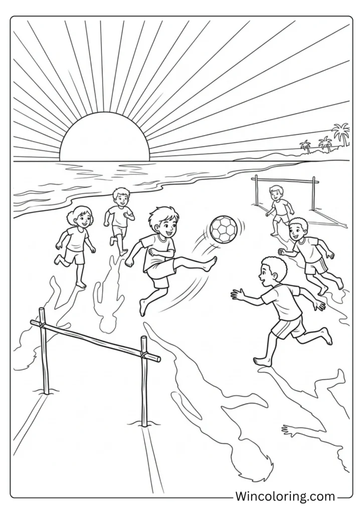 Beach coloring page beach volleyball sunset kids printable