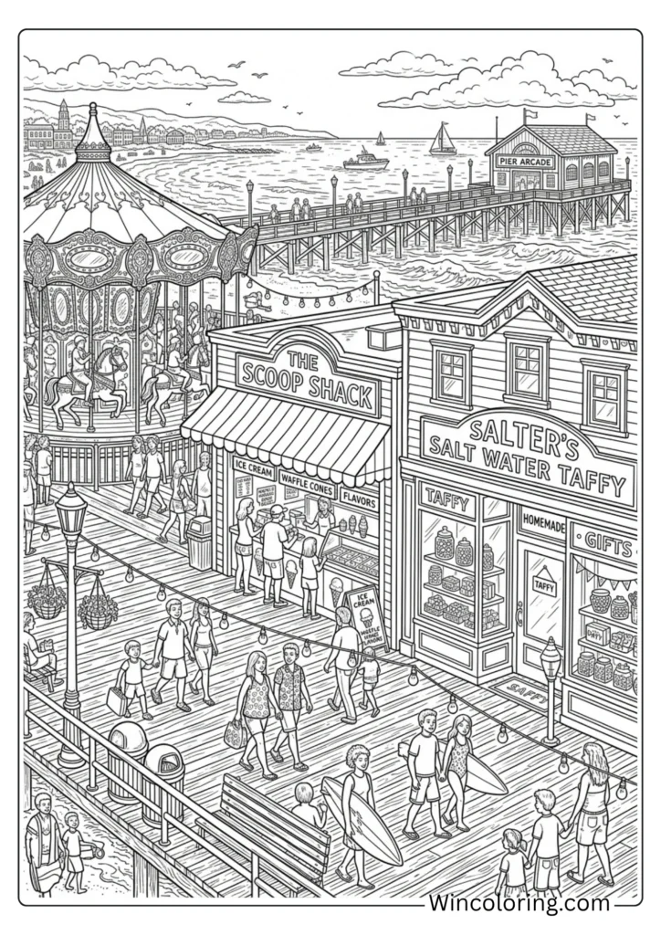 Beach coloring page boardwalk shops adult detailed printable