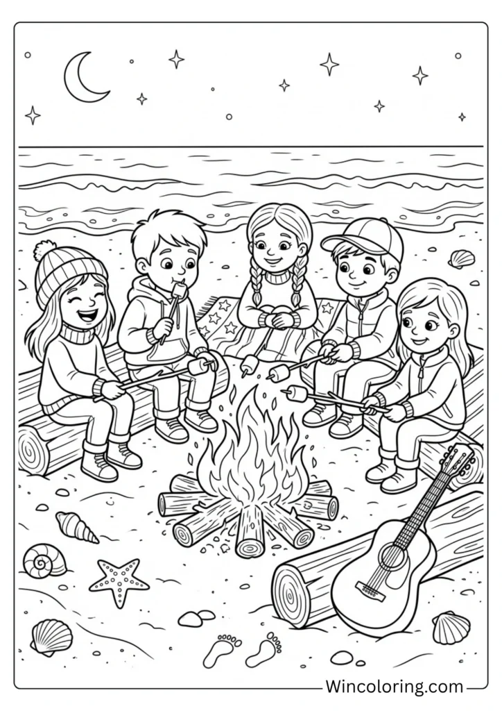 Beach coloring page bonfire evening kids printable