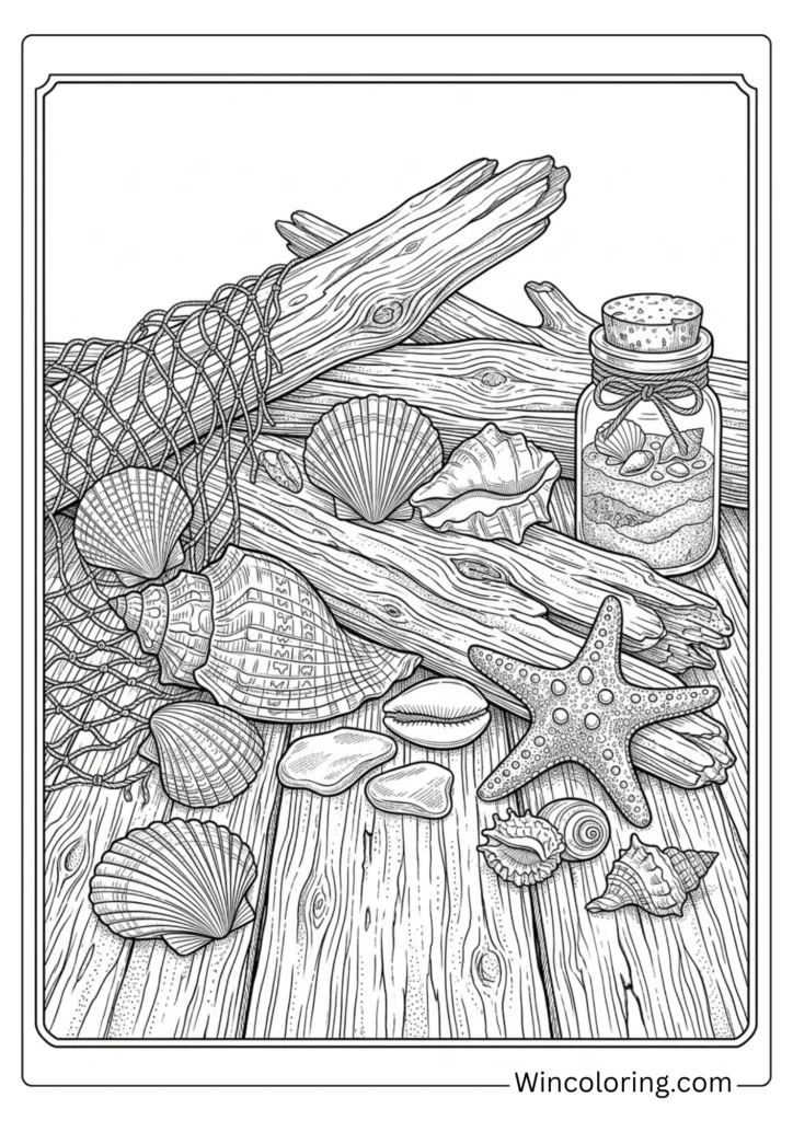 Beach coloring page driftwood beach decor adult printable