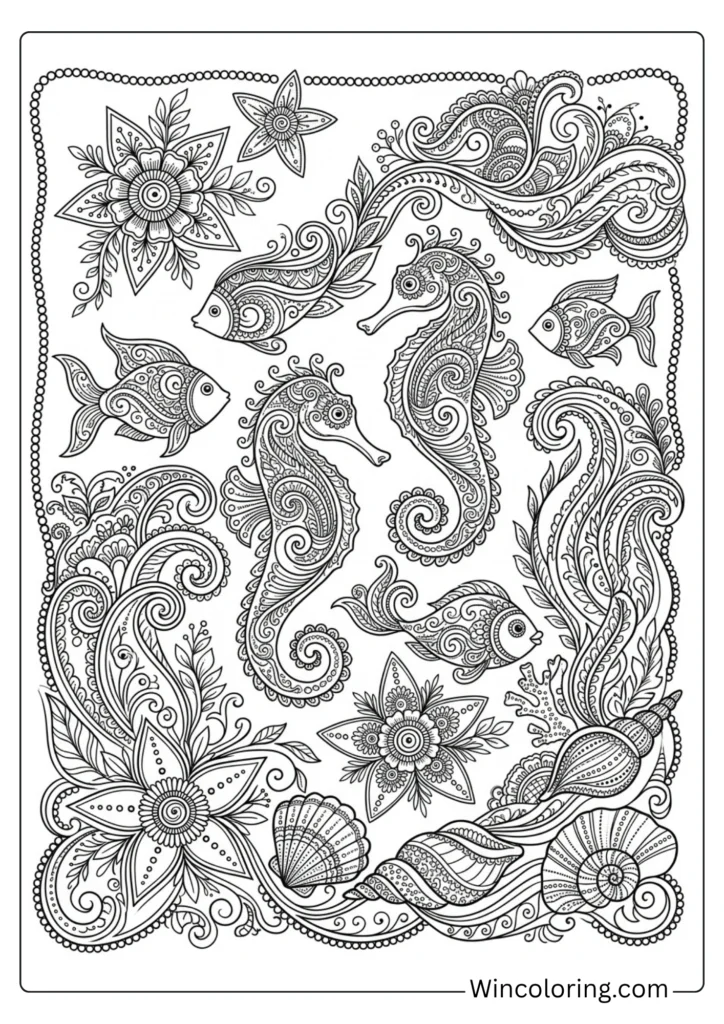 Beach coloring page henna mehndi pattern ocean adult printable