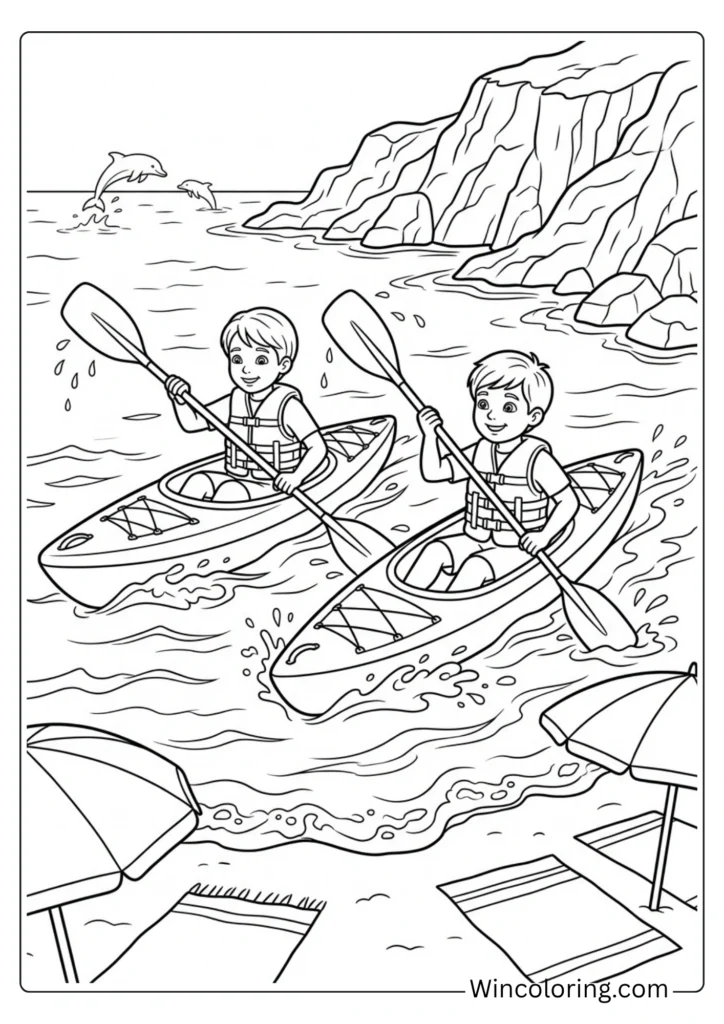 Beach coloring page kayaking kids printable water sport