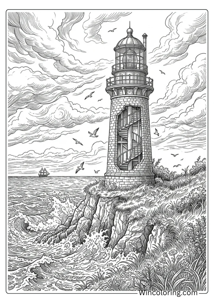 Beach coloring page lighthouse detailed adult printable scene