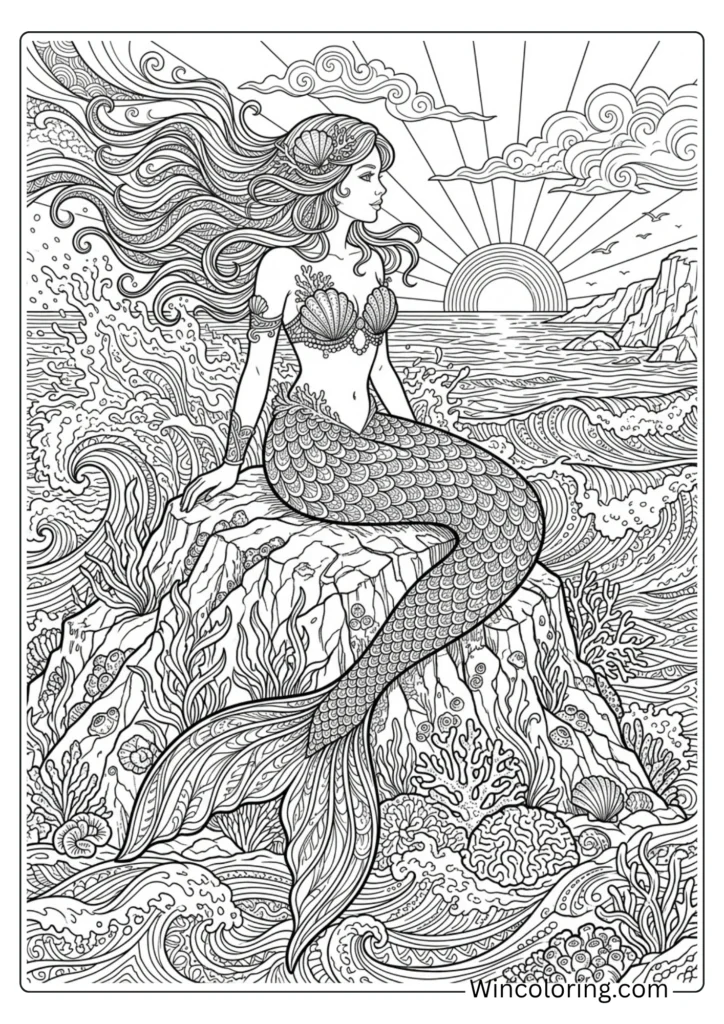 Beach coloring page mermaid fantasy adult intricate printable