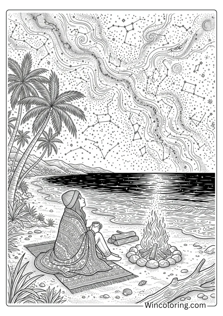 Beach coloring page night sky stars ocean adult printable