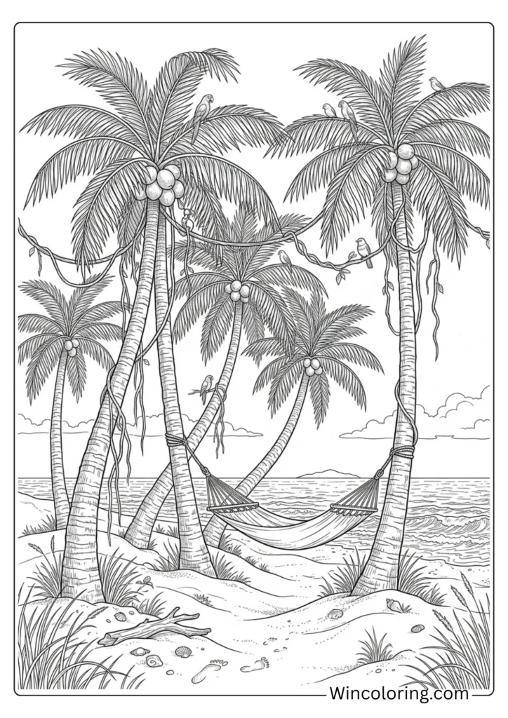 Beach coloring page palm trees silhouette adult detailed