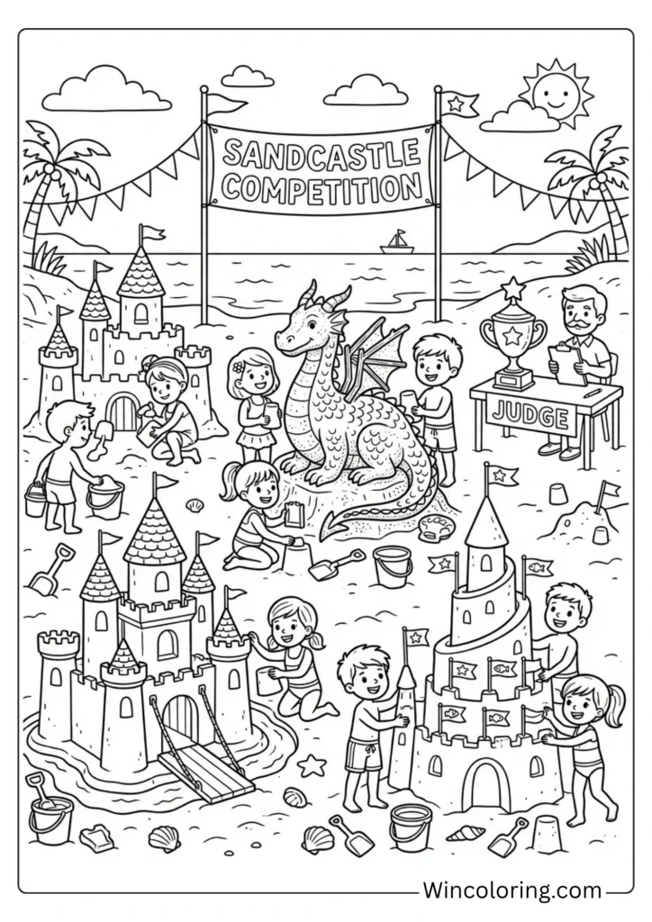 Beach coloring page sandcastle competition kids printable
