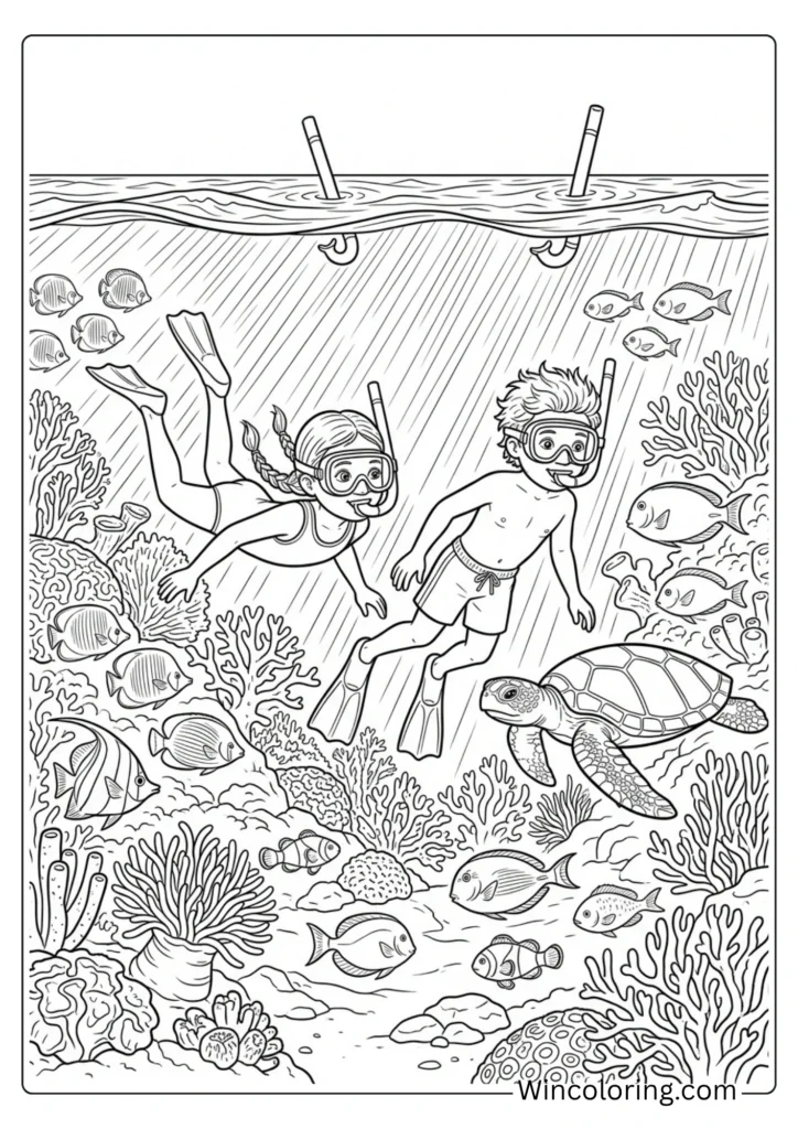 Beach coloring page snorkeling kids underwater printable