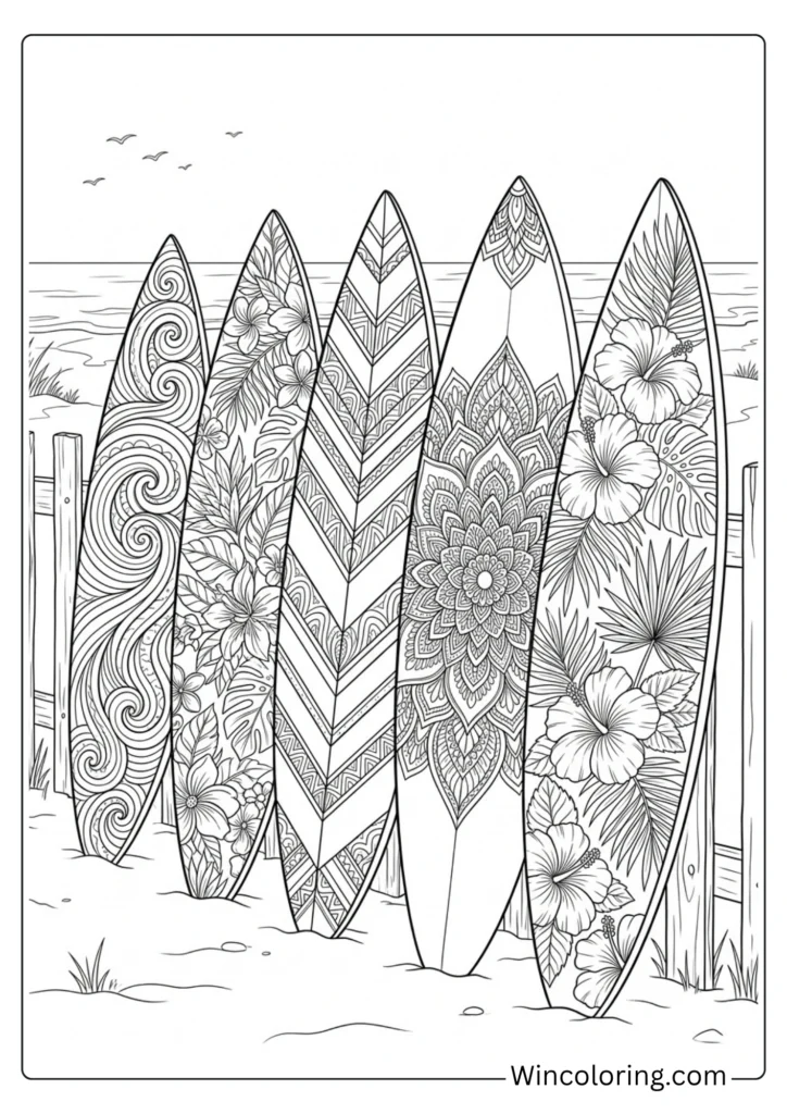 Beach coloring page surfboard pattern adult detailed printable