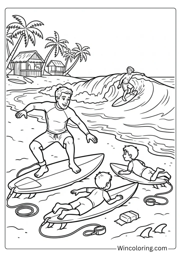Beach coloring page surfing kids ocean wave printable