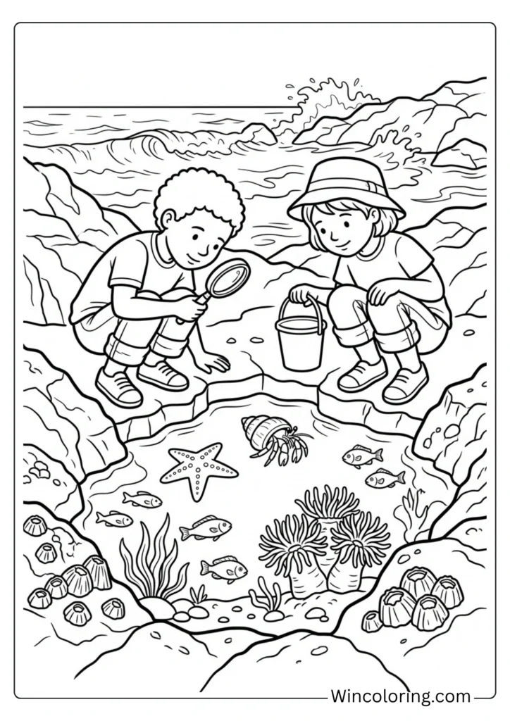 Beach coloring page tide pool exploration kids printable