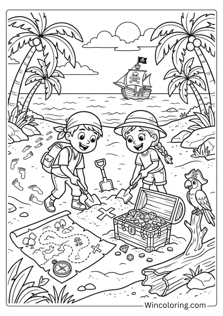 Beach coloring page treasure hunt kids printable pirate