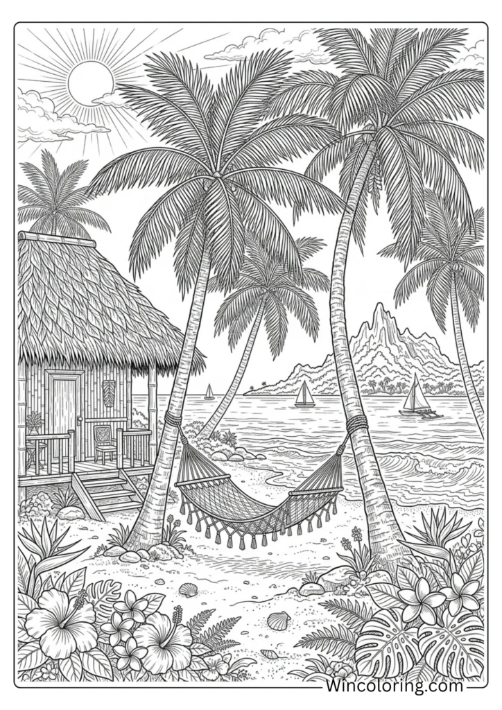 Beach coloring page tropical paradise adult intricate printable