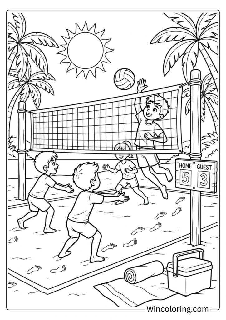 Beach coloring page volleyball game kids printable