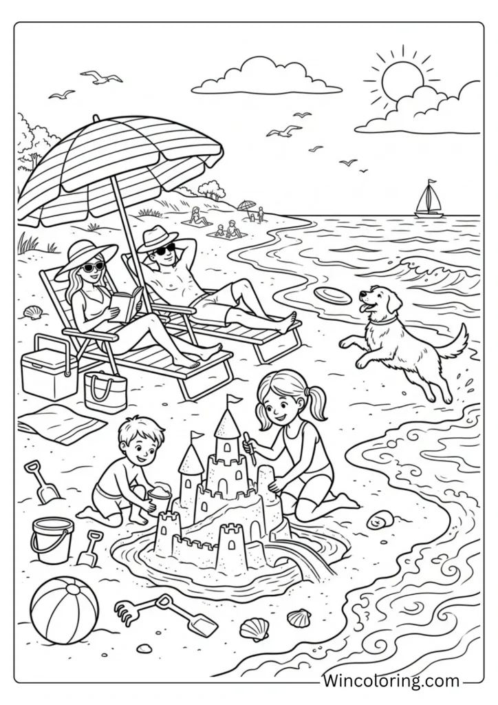 Beach scene coloring page kids printable summer fun