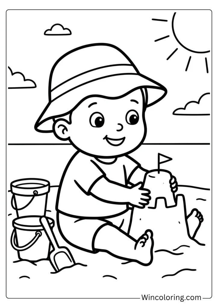 Beach toddler coloring page child building sandcastle simple