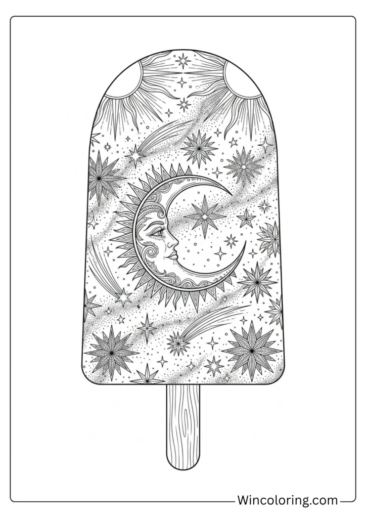 Celestial popsicle coloring page adult stars moon intricate