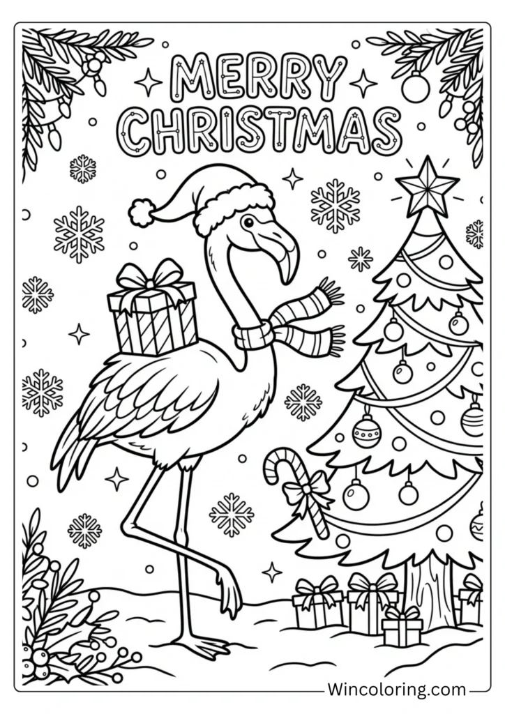Christmas flamingo coloring page holiday printable kids
