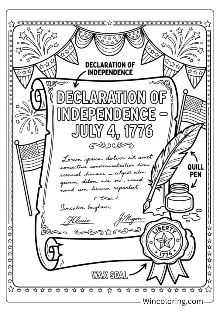 Declaration of Independence Scroll 4th of July Coloring Page – Educational Printable for Kids
