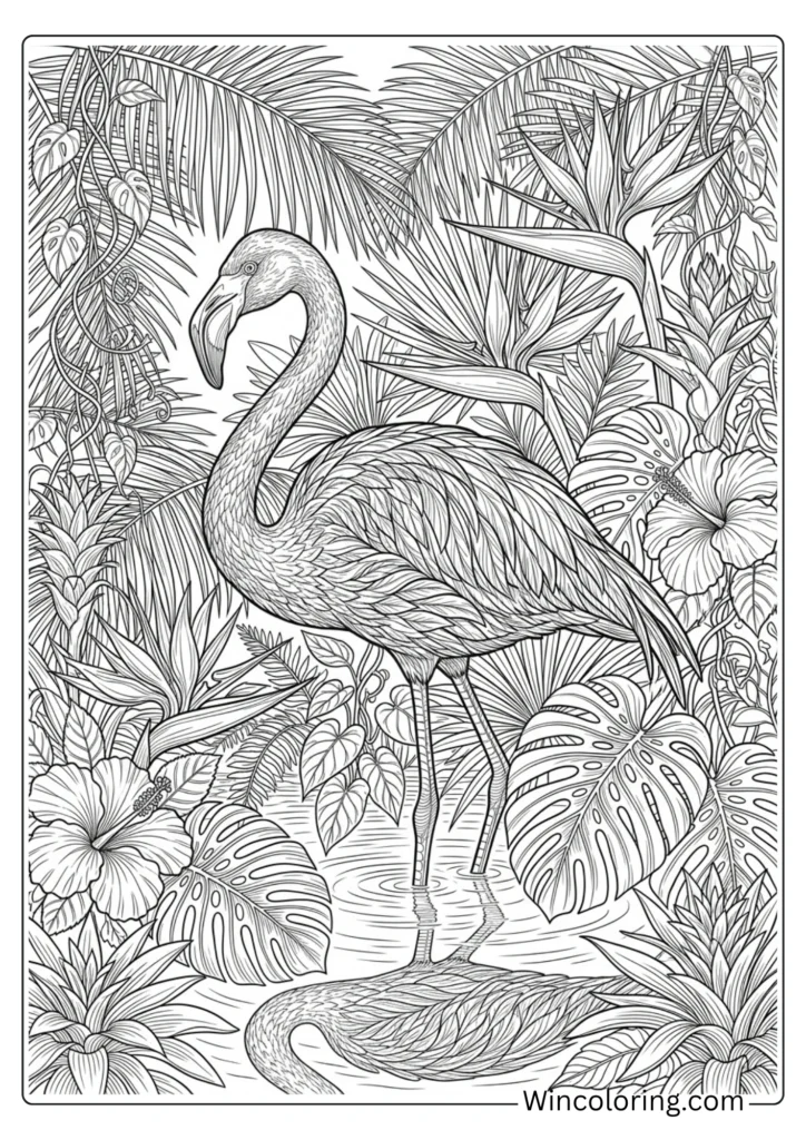 Flamingo botanical floral pattern coloring page adult printable