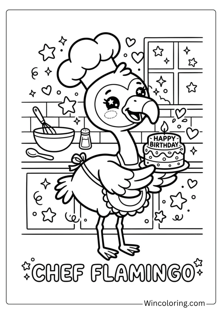 Flamingo chef kawaii coloring page funny cute printable