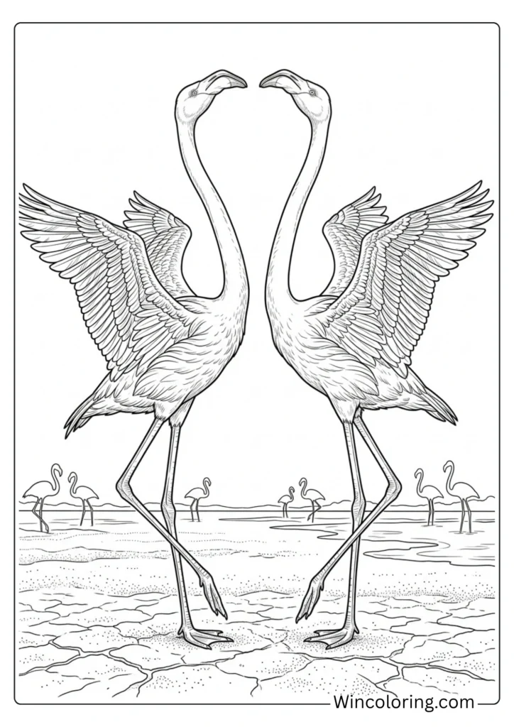 Flamingo courtship dance coloring page realistic printable
