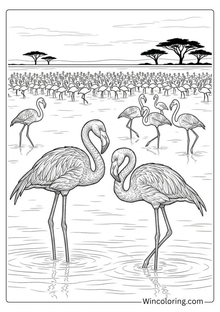 Flamingo flock coloring page realistic nature printable