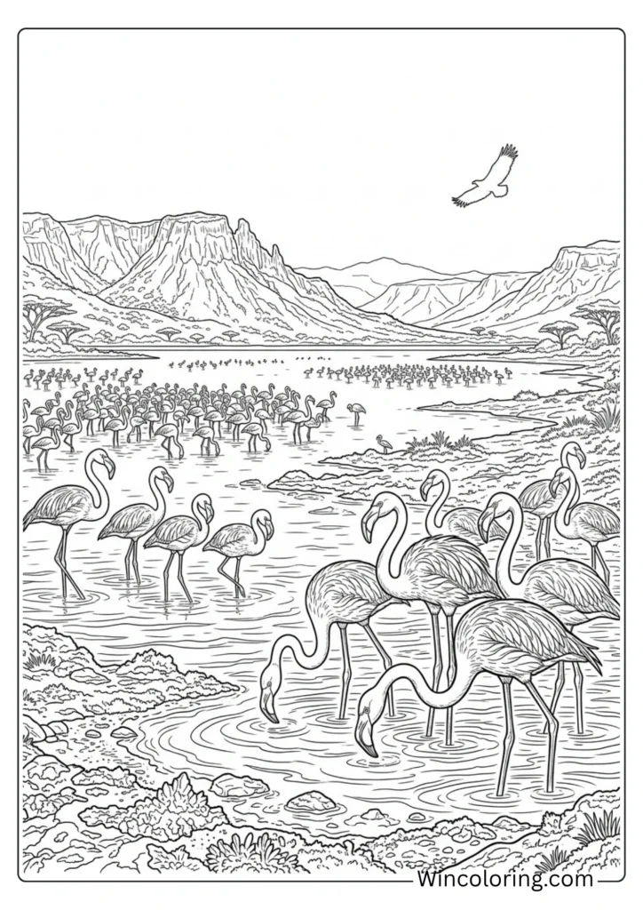 Flamingo habitat scene coloring page nature realistic printable