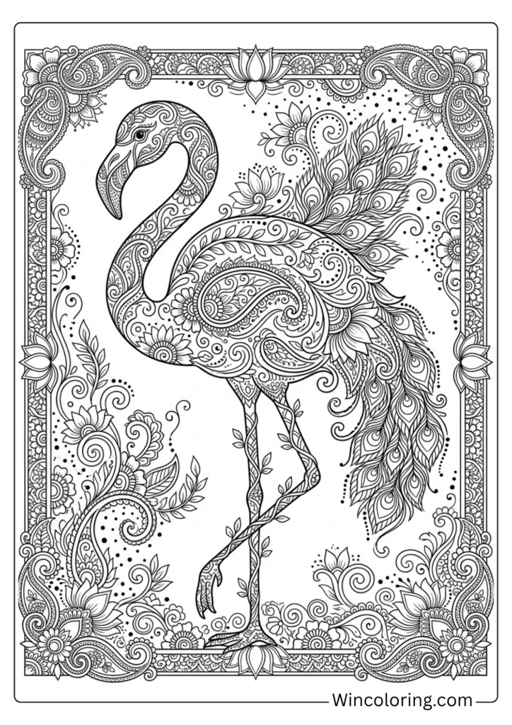 Flamingo henna mehndi pattern coloring page adult printable