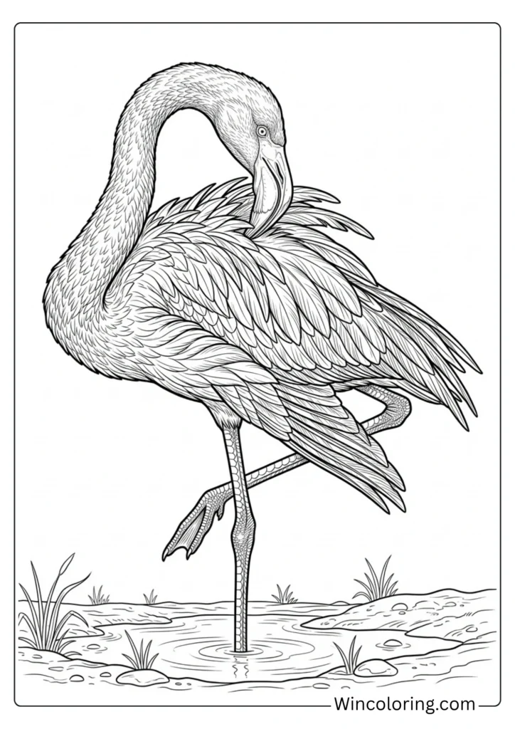 Flamingo preening coloring page realistic detailed printable