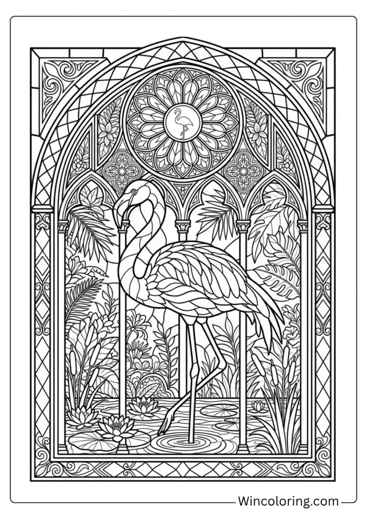 Flamingo stained glass coloring page adult intricate printable