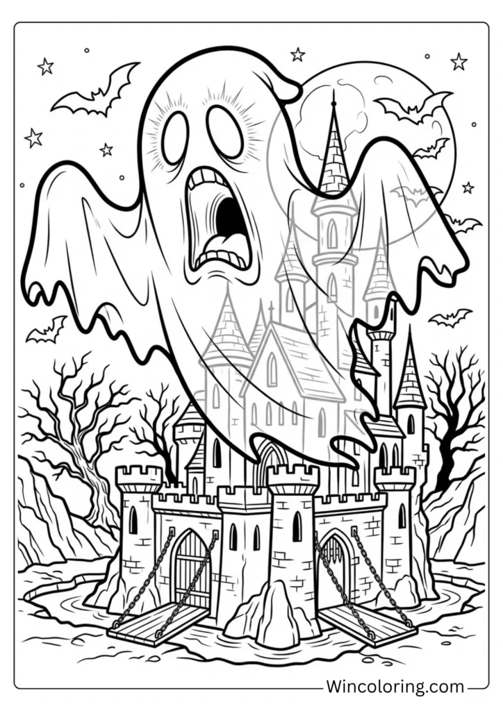 Glowing green ghost spooky castle Scooby Doo coloring page printable