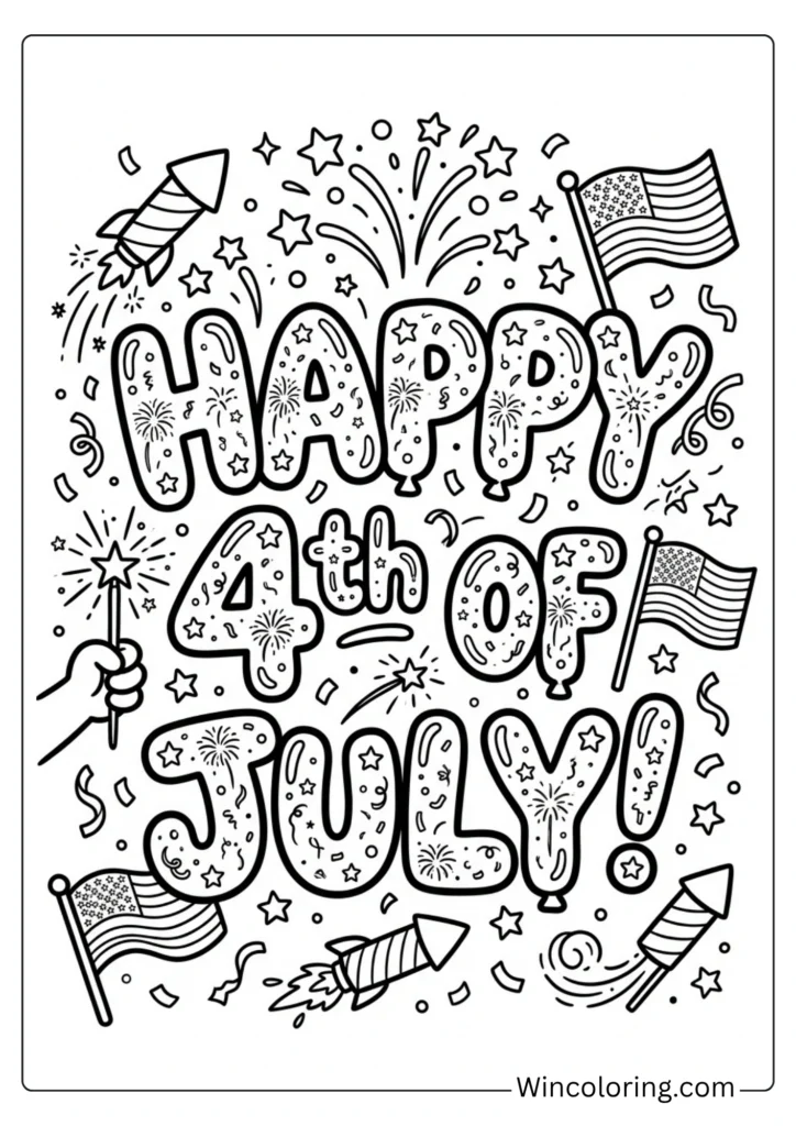Happy 4th of July Bubble Letters Coloring Page