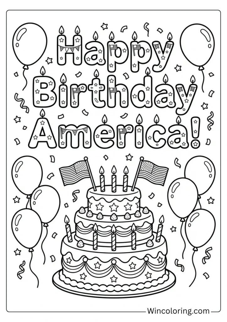 Happy Birthday America 4th of July Coloring Page – Birthday Cake Lettering Printable for Kids