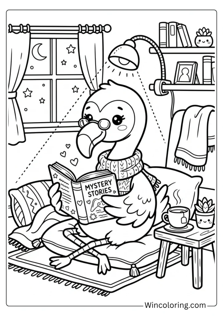 Kawaii flamingo reading book coloring page cute printable
