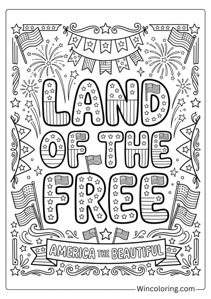 Land of the Free 4th of July Lettering Coloring Page – Free Patriotic Printable for Kids