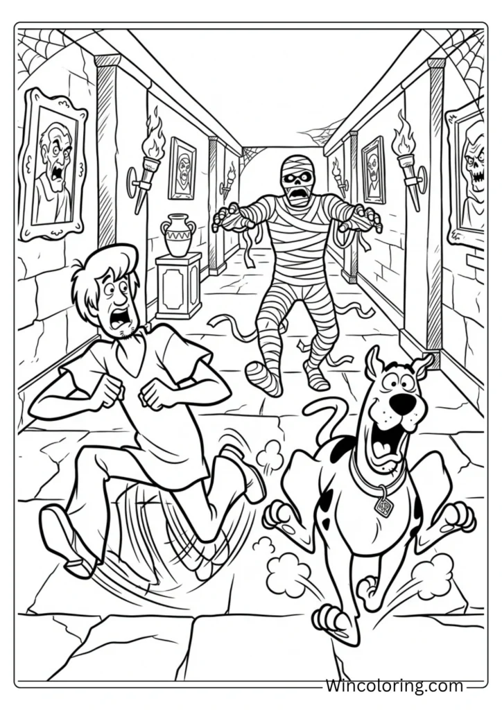 Mummy chasing Scooby Shaggy hallway coloring page printable