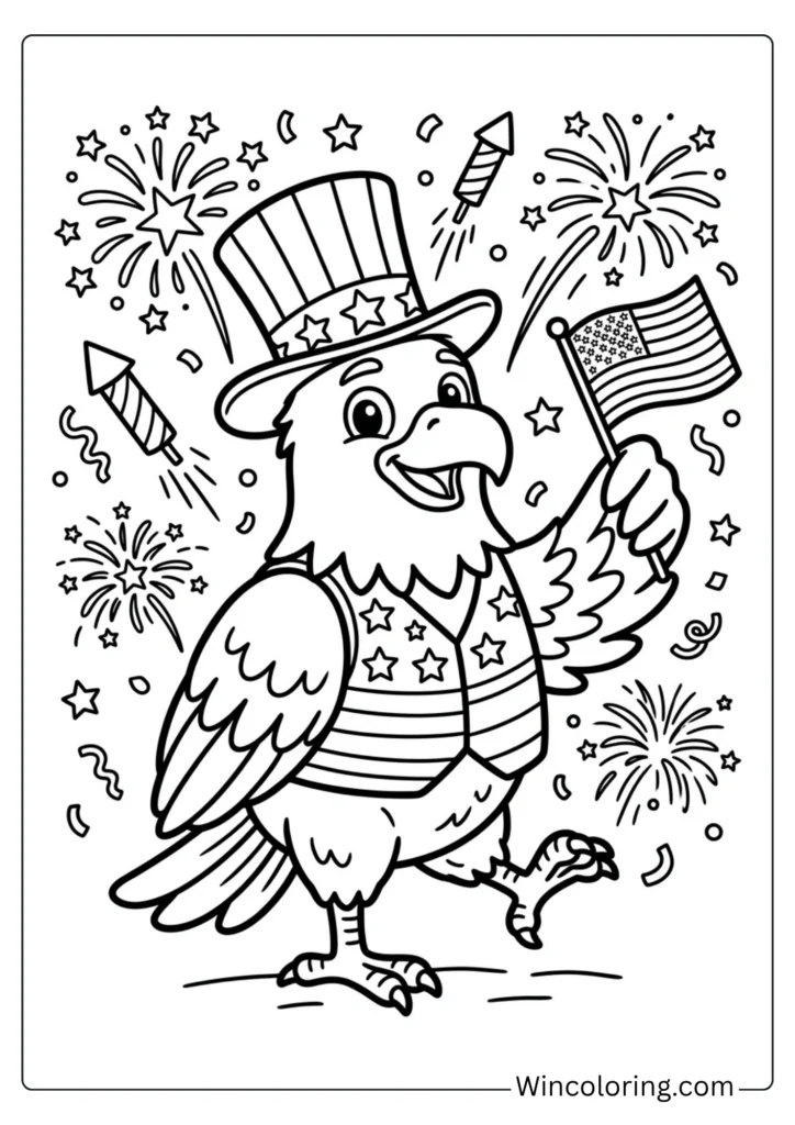 Patriotic American Eagle Cartoon Coloring Page – 4th of July Kids Printable