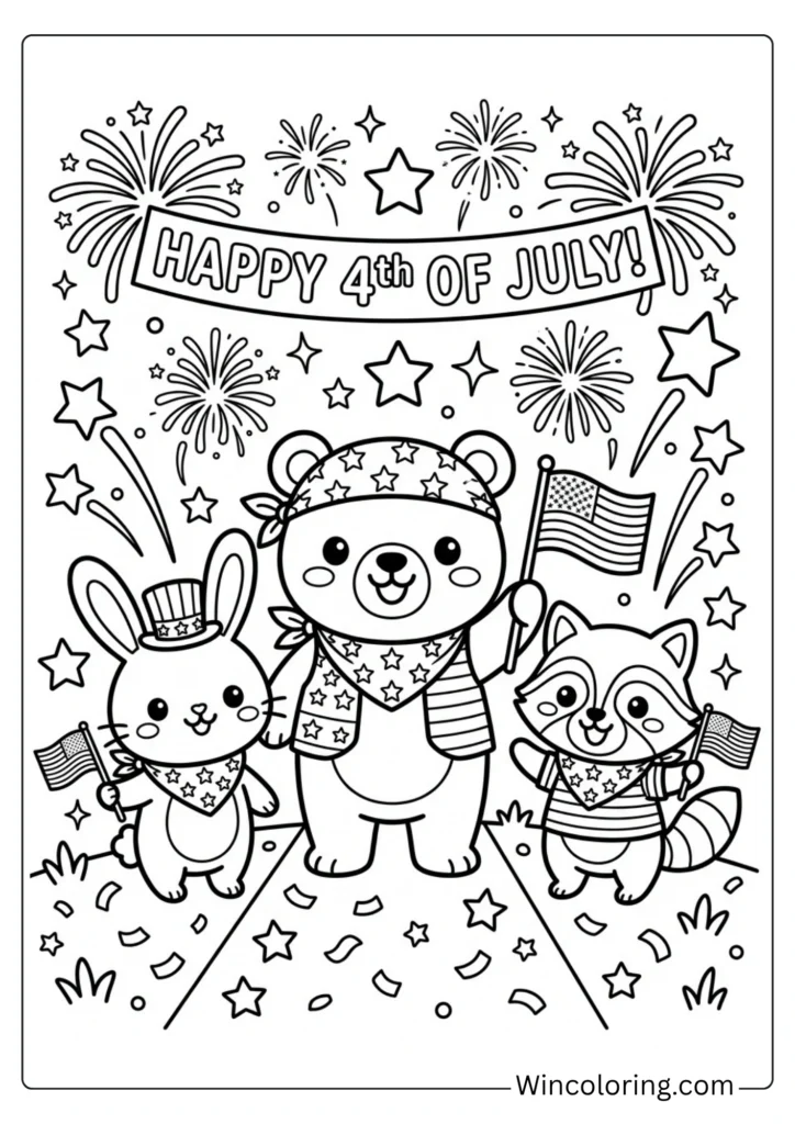 Patriotic Cute Animals 4th of July Coloring Page – Kids Printable