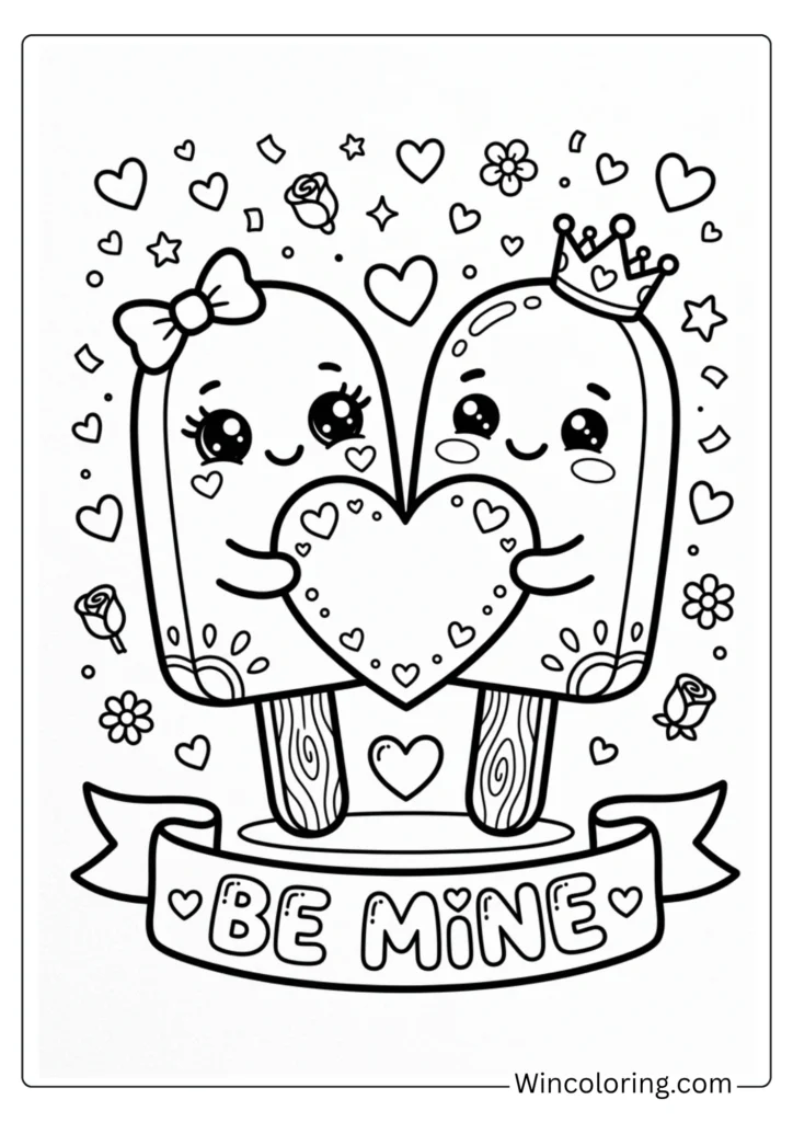 Popsicle couple kawaii valentines coloring page printable