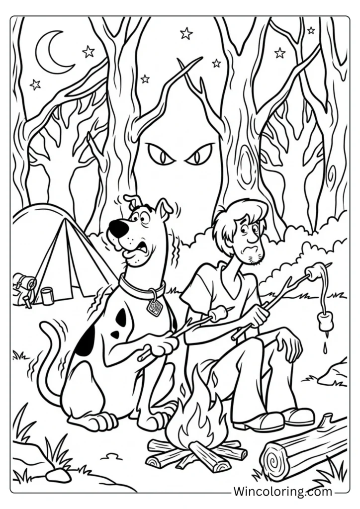 Scooby Doo Shaggy camping spooky night coloring page printable